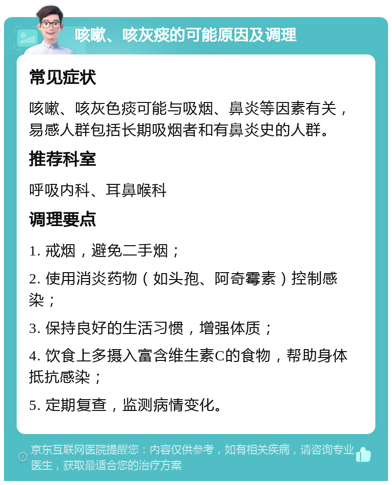 咳嗽、咳灰痰的可能原因及调理 常见症状 咳嗽、咳灰色痰可能与吸烟、鼻炎等因素有关，易感人群包括长期吸烟者和有鼻炎史的人群。 推荐科室 呼吸内科、耳鼻喉科 调理要点 1. 戒烟，避免二手烟； 2. 使用消炎药物（如头孢、阿奇霉素）控制感染； 3. 保持良好的生活习惯，增强体质； 4. 饮食上多摄入富含维生素C的食物，帮助身体抵抗感染； 5. 定期复查，监测病情变化。