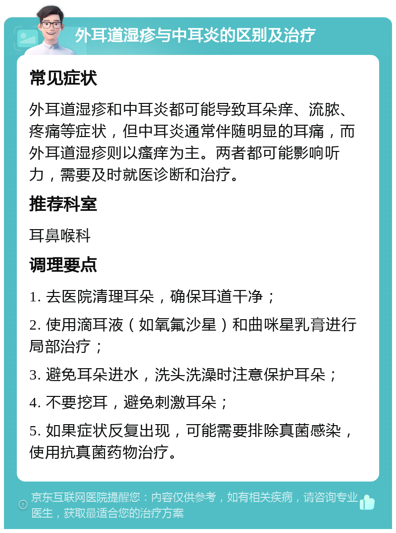 外耳道湿疹与中耳炎的区别及治疗 常见症状 外耳道湿疹和中耳炎都可能导致耳朵痒、流脓、疼痛等症状，但中耳炎通常伴随明显的耳痛，而外耳道湿疹则以瘙痒为主。两者都可能影响听力，需要及时就医诊断和治疗。 推荐科室 耳鼻喉科 调理要点 1. 去医院清理耳朵，确保耳道干净； 2. 使用滴耳液（如氧氟沙星）和曲咪星乳膏进行局部治疗； 3. 避免耳朵进水，洗头洗澡时注意保护耳朵； 4. 不要挖耳，避免刺激耳朵； 5. 如果症状反复出现，可能需要排除真菌感染，使用抗真菌药物治疗。