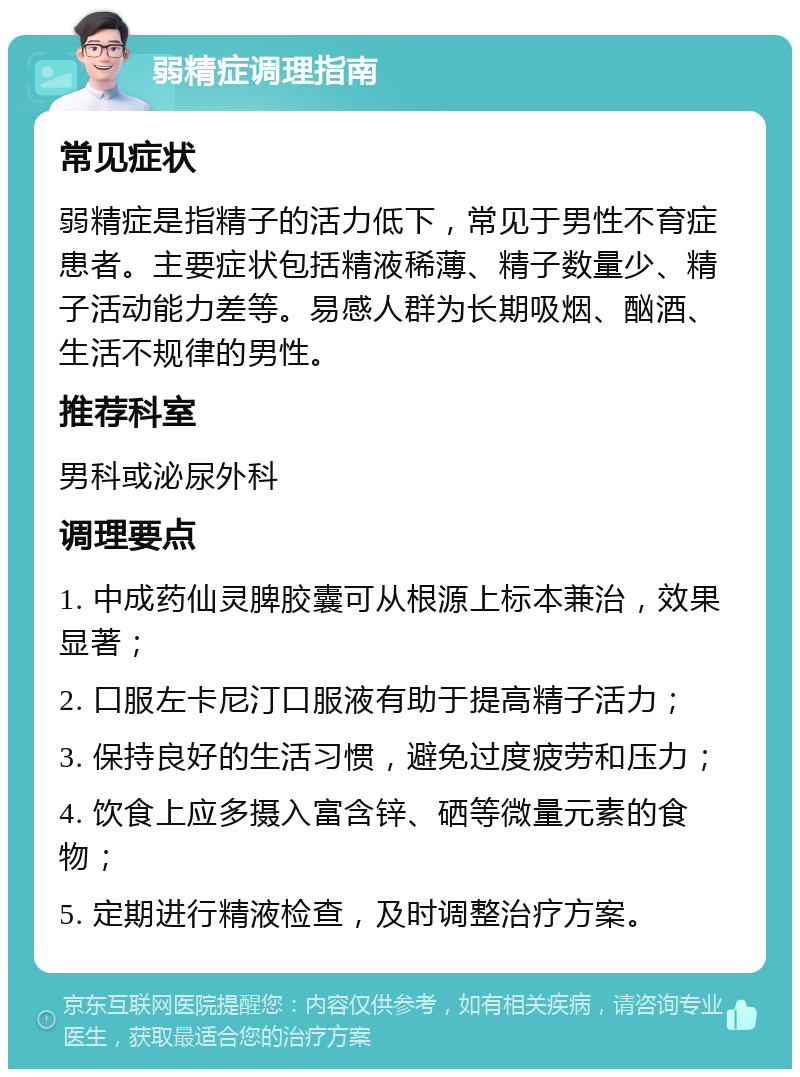 弱精症调理指南 常见症状 弱精症是指精子的活力低下，常见于男性不育症患者。主要症状包括精液稀薄、精子数量少、精子活动能力差等。易感人群为长期吸烟、酗酒、生活不规律的男性。 推荐科室 男科或泌尿外科 调理要点 1. 中成药仙灵脾胶囊可从根源上标本兼治，效果显著； 2. 口服左卡尼汀口服液有助于提高精子活力； 3. 保持良好的生活习惯，避免过度疲劳和压力； 4. 饮食上应多摄入富含锌、硒等微量元素的食物； 5. 定期进行精液检查，及时调整治疗方案。