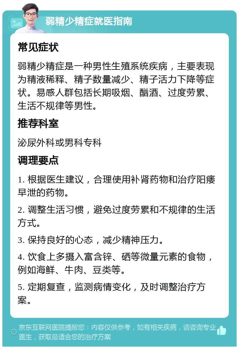 弱精少精症就医指南 常见症状 弱精少精症是一种男性生殖系统疾病，主要表现为精液稀释、精子数量减少、精子活力下降等症状。易感人群包括长期吸烟、酗酒、过度劳累、生活不规律等男性。 推荐科室 泌尿外科或男科专科 调理要点 1. 根据医生建议，合理使用补肾药物和治疗阳痿早泄的药物。 2. 调整生活习惯，避免过度劳累和不规律的生活方式。 3. 保持良好的心态，减少精神压力。 4. 饮食上多摄入富含锌、硒等微量元素的食物，例如海鲜、牛肉、豆类等。 5. 定期复查，监测病情变化，及时调整治疗方案。