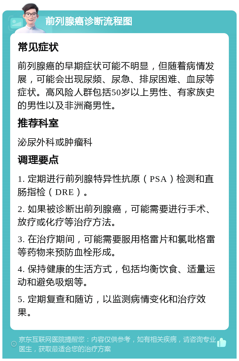 前列腺癌诊断流程图 常见症状 前列腺癌的早期症状可能不明显，但随着病情发展，可能会出现尿频、尿急、排尿困难、血尿等症状。高风险人群包括50岁以上男性、有家族史的男性以及非洲裔男性。 推荐科室 泌尿外科或肿瘤科 调理要点 1. 定期进行前列腺特异性抗原（PSA）检测和直肠指检（DRE）。 2. 如果被诊断出前列腺癌，可能需要进行手术、放疗或化疗等治疗方法。 3. 在治疗期间，可能需要服用格雷片和氯吡格雷等药物来预防血栓形成。 4. 保持健康的生活方式，包括均衡饮食、适量运动和避免吸烟等。 5. 定期复查和随访，以监测病情变化和治疗效果。