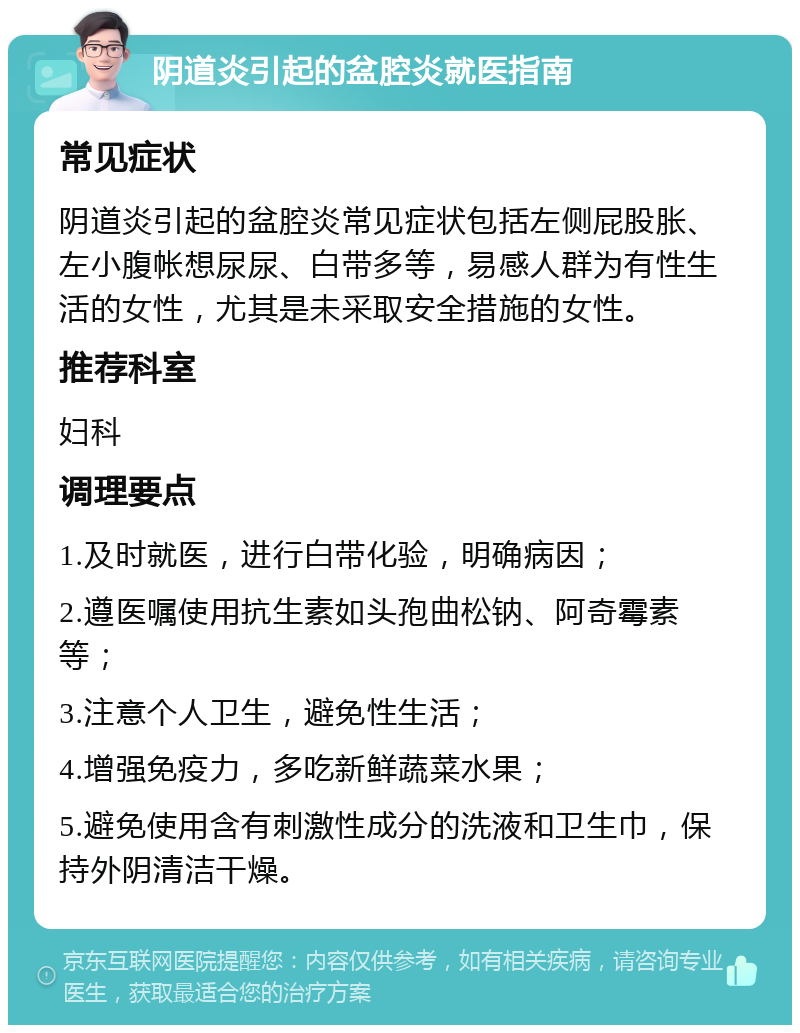 阴道炎引起的盆腔炎就医指南 常见症状 阴道炎引起的盆腔炎常见症状包括左侧屁股胀、左小腹帐想尿尿、白带多等，易感人群为有性生活的女性，尤其是未采取安全措施的女性。 推荐科室 妇科 调理要点 1.及时就医，进行白带化验，明确病因； 2.遵医嘱使用抗生素如头孢曲松钠、阿奇霉素等； 3.注意个人卫生，避免性生活； 4.增强免疫力，多吃新鲜蔬菜水果； 5.避免使用含有刺激性成分的洗液和卫生巾，保持外阴清洁干燥。