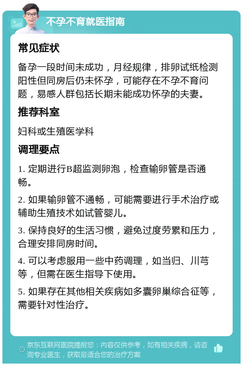 不孕不育就医指南 常见症状 备孕一段时间未成功，月经规律，排卵试纸检测阳性但同房后仍未怀孕，可能存在不孕不育问题，易感人群包括长期未能成功怀孕的夫妻。 推荐科室 妇科或生殖医学科 调理要点 1. 定期进行B超监测卵泡，检查输卵管是否通畅。 2. 如果输卵管不通畅，可能需要进行手术治疗或辅助生殖技术如试管婴儿。 3. 保持良好的生活习惯，避免过度劳累和压力，合理安排同房时间。 4. 可以考虑服用一些中药调理，如当归、川芎等，但需在医生指导下使用。 5. 如果存在其他相关疾病如多囊卵巢综合征等，需要针对性治疗。