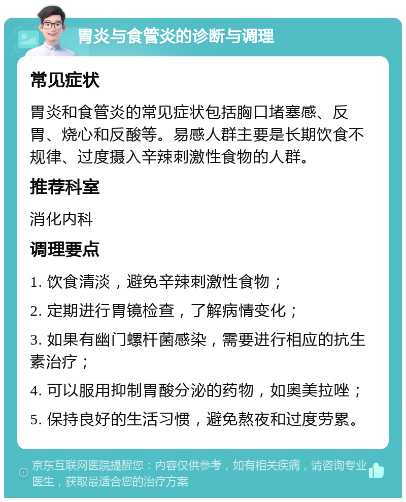 胃炎与食管炎的诊断与调理 常见症状 胃炎和食管炎的常见症状包括胸口堵塞感、反胃、烧心和反酸等。易感人群主要是长期饮食不规律、过度摄入辛辣刺激性食物的人群。 推荐科室 消化内科 调理要点 1. 饮食清淡，避免辛辣刺激性食物； 2. 定期进行胃镜检查，了解病情变化； 3. 如果有幽门螺杆菌感染，需要进行相应的抗生素治疗； 4. 可以服用抑制胃酸分泌的药物，如奥美拉唑； 5. 保持良好的生活习惯，避免熬夜和过度劳累。