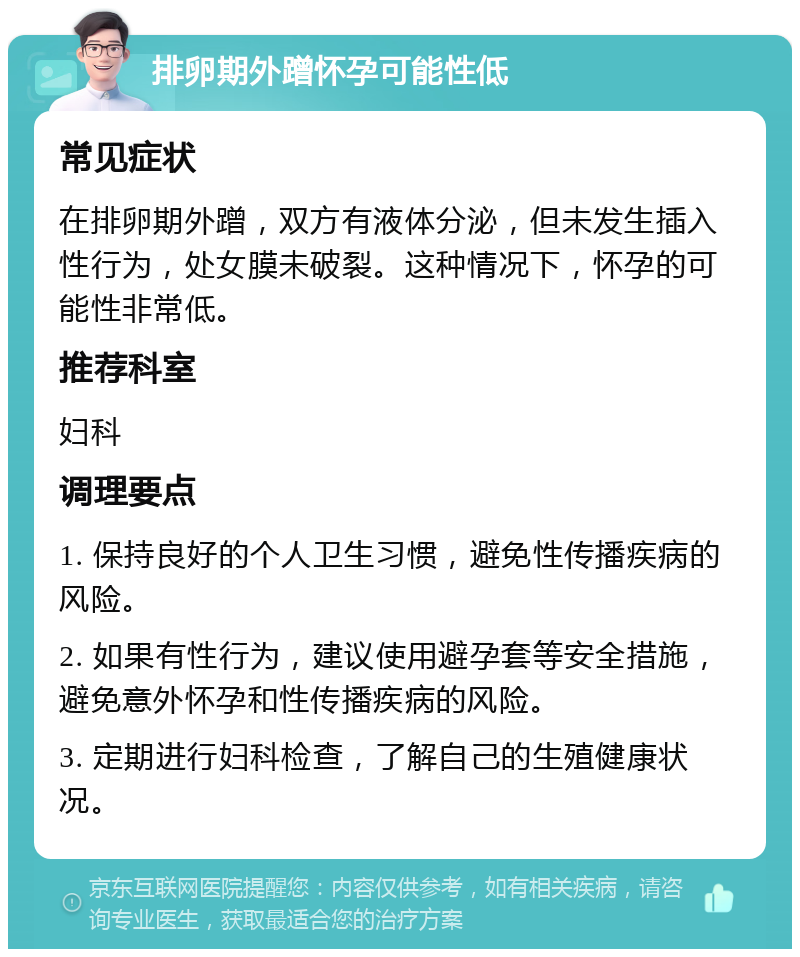 排卵期外蹭怀孕可能性低 常见症状 在排卵期外蹭，双方有液体分泌，但未发生插入性行为，处女膜未破裂。这种情况下，怀孕的可能性非常低。 推荐科室 妇科 调理要点 1. 保持良好的个人卫生习惯，避免性传播疾病的风险。 2. 如果有性行为，建议使用避孕套等安全措施，避免意外怀孕和性传播疾病的风险。 3. 定期进行妇科检查，了解自己的生殖健康状况。