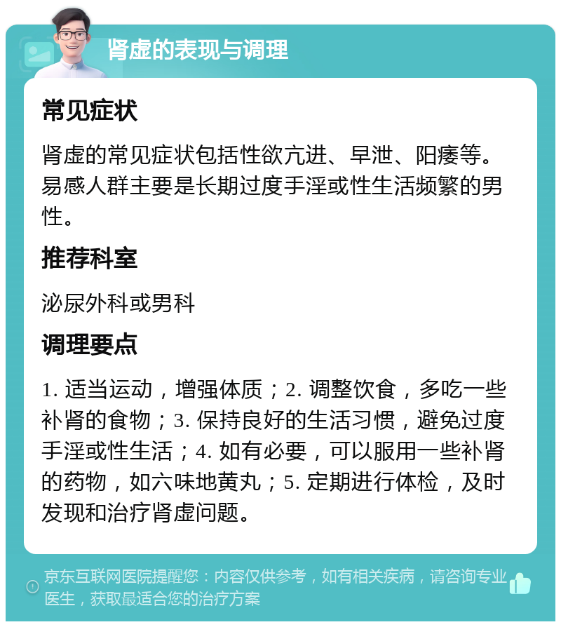 肾虚的表现与调理 常见症状 肾虚的常见症状包括性欲亢进、早泄、阳痿等。易感人群主要是长期过度手淫或性生活频繁的男性。 推荐科室 泌尿外科或男科 调理要点 1. 适当运动，增强体质；2. 调整饮食，多吃一些补肾的食物；3. 保持良好的生活习惯，避免过度手淫或性生活；4. 如有必要，可以服用一些补肾的药物，如六味地黄丸；5. 定期进行体检，及时发现和治疗肾虚问题。