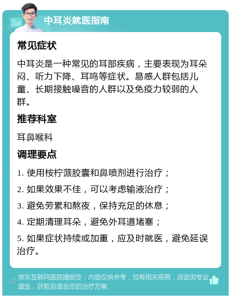 中耳炎就医指南 常见症状 中耳炎是一种常见的耳部疾病，主要表现为耳朵闷、听力下降、耳鸣等症状。易感人群包括儿童、长期接触噪音的人群以及免疫力较弱的人群。 推荐科室 耳鼻喉科 调理要点 1. 使用桉柠蒎胶囊和鼻喷剂进行治疗； 2. 如果效果不佳，可以考虑输液治疗； 3. 避免劳累和熬夜，保持充足的休息； 4. 定期清理耳朵，避免外耳道堵塞； 5. 如果症状持续或加重，应及时就医，避免延误治疗。