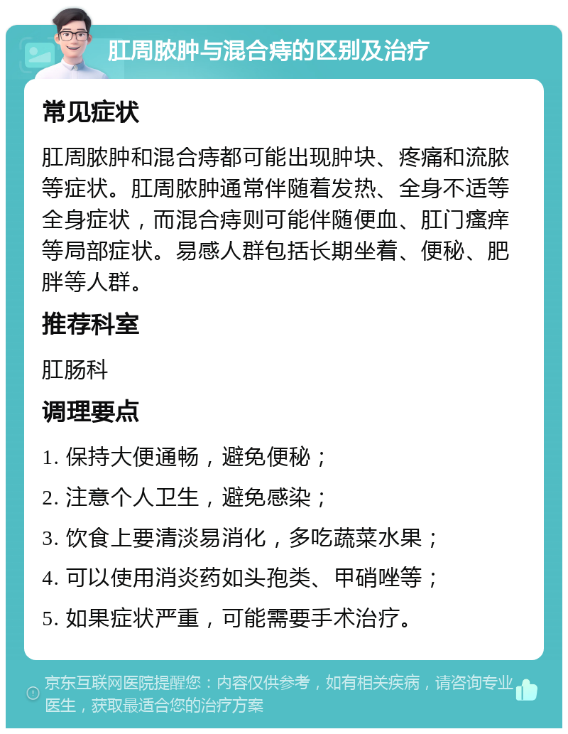 肛周脓肿与混合痔的区别及治疗 常见症状 肛周脓肿和混合痔都可能出现肿块、疼痛和流脓等症状。肛周脓肿通常伴随着发热、全身不适等全身症状，而混合痔则可能伴随便血、肛门瘙痒等局部症状。易感人群包括长期坐着、便秘、肥胖等人群。 推荐科室 肛肠科 调理要点 1. 保持大便通畅，避免便秘； 2. 注意个人卫生，避免感染； 3. 饮食上要清淡易消化，多吃蔬菜水果； 4. 可以使用消炎药如头孢类、甲硝唑等； 5. 如果症状严重，可能需要手术治疗。