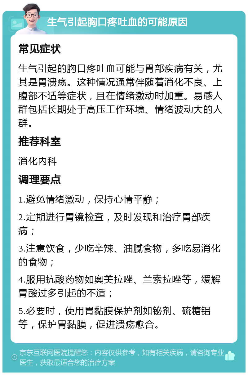 生气引起胸口疼吐血的可能原因 常见症状 生气引起的胸口疼吐血可能与胃部疾病有关，尤其是胃溃疡。这种情况通常伴随着消化不良、上腹部不适等症状，且在情绪激动时加重。易感人群包括长期处于高压工作环境、情绪波动大的人群。 推荐科室 消化内科 调理要点 1.避免情绪激动，保持心情平静； 2.定期进行胃镜检查，及时发现和治疗胃部疾病； 3.注意饮食，少吃辛辣、油腻食物，多吃易消化的食物； 4.服用抗酸药物如奥美拉唑、兰索拉唑等，缓解胃酸过多引起的不适； 5.必要时，使用胃黏膜保护剂如铋剂、硫糖铝等，保护胃黏膜，促进溃疡愈合。