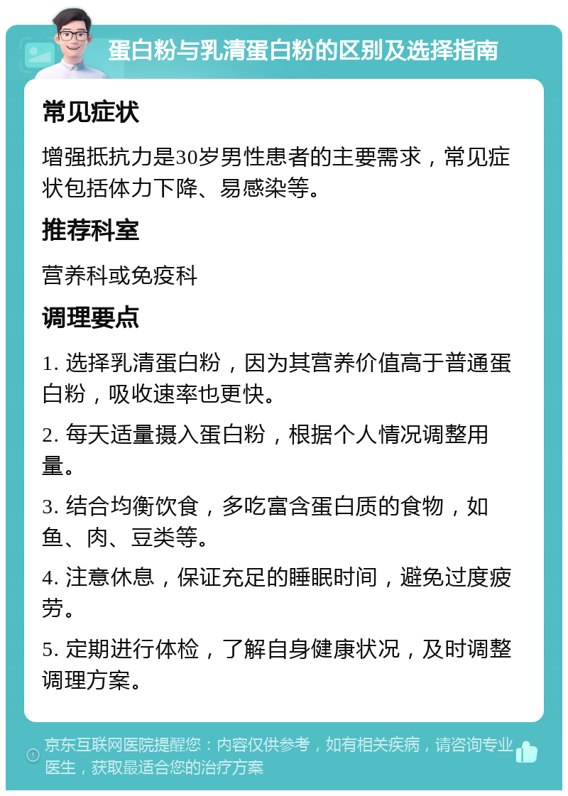 蛋白粉与乳清蛋白粉的区别及选择指南 常见症状 增强抵抗力是30岁男性患者的主要需求，常见症状包括体力下降、易感染等。 推荐科室 营养科或免疫科 调理要点 1. 选择乳清蛋白粉，因为其营养价值高于普通蛋白粉，吸收速率也更快。 2. 每天适量摄入蛋白粉，根据个人情况调整用量。 3. 结合均衡饮食，多吃富含蛋白质的食物，如鱼、肉、豆类等。 4. 注意休息，保证充足的睡眠时间，避免过度疲劳。 5. 定期进行体检，了解自身健康状况，及时调整调理方案。