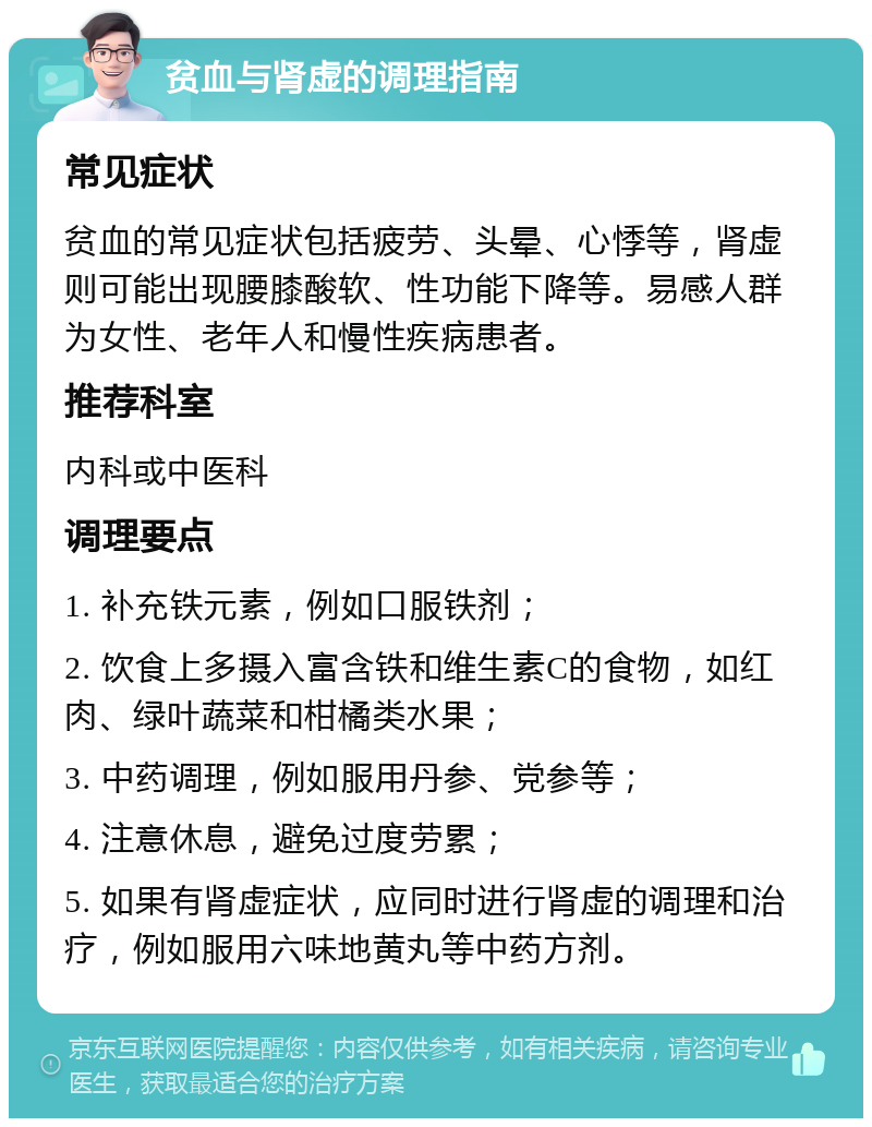 贫血与肾虚的调理指南 常见症状 贫血的常见症状包括疲劳、头晕、心悸等，肾虚则可能出现腰膝酸软、性功能下降等。易感人群为女性、老年人和慢性疾病患者。 推荐科室 内科或中医科 调理要点 1. 补充铁元素，例如口服铁剂； 2. 饮食上多摄入富含铁和维生素C的食物，如红肉、绿叶蔬菜和柑橘类水果； 3. 中药调理，例如服用丹参、党参等； 4. 注意休息，避免过度劳累； 5. 如果有肾虚症状，应同时进行肾虚的调理和治疗，例如服用六味地黄丸等中药方剂。