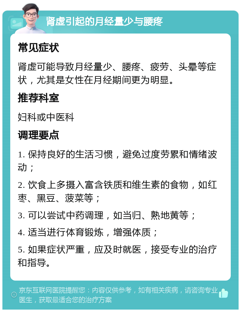 肾虚引起的月经量少与腰疼 常见症状 肾虚可能导致月经量少、腰疼、疲劳、头晕等症状，尤其是女性在月经期间更为明显。 推荐科室 妇科或中医科 调理要点 1. 保持良好的生活习惯，避免过度劳累和情绪波动； 2. 饮食上多摄入富含铁质和维生素的食物，如红枣、黑豆、菠菜等； 3. 可以尝试中药调理，如当归、熟地黄等； 4. 适当进行体育锻炼，增强体质； 5. 如果症状严重，应及时就医，接受专业的治疗和指导。