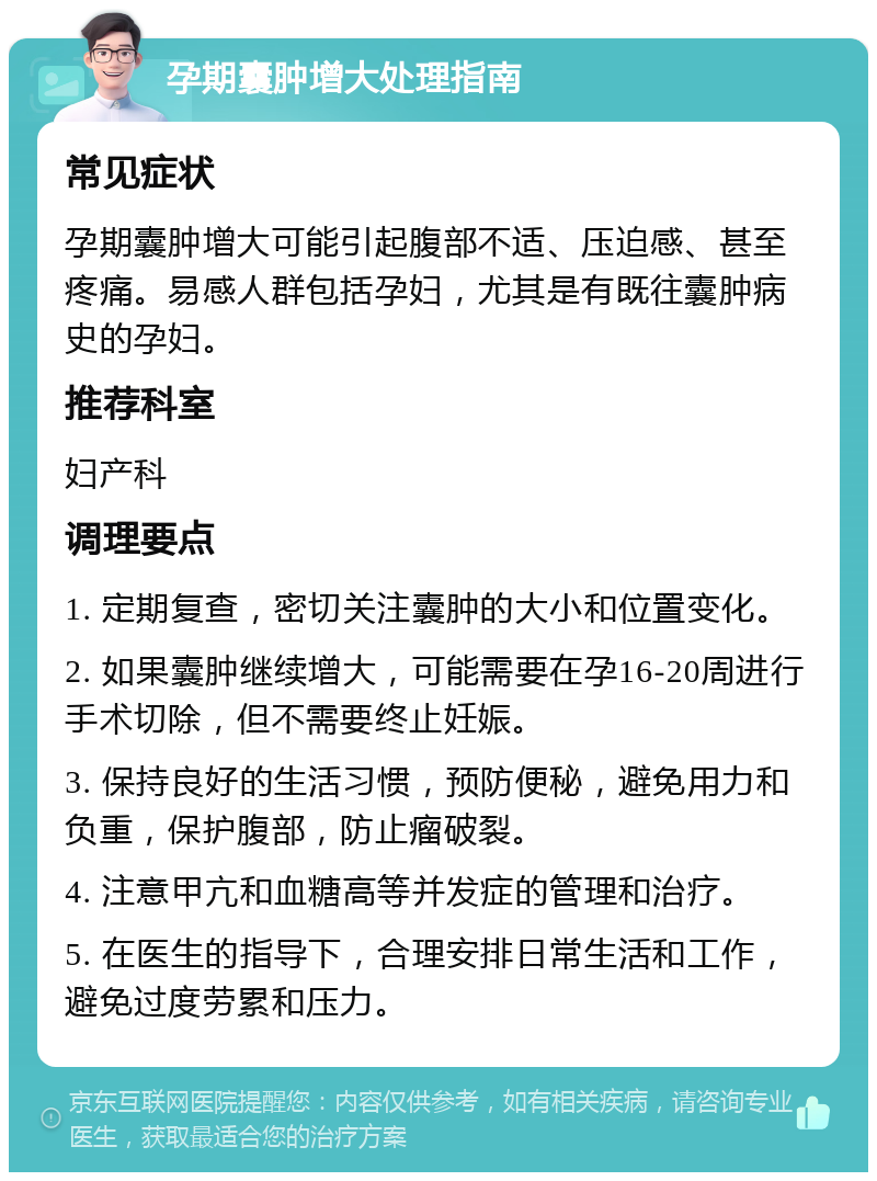 孕期囊肿增大处理指南 常见症状 孕期囊肿增大可能引起腹部不适、压迫感、甚至疼痛。易感人群包括孕妇，尤其是有既往囊肿病史的孕妇。 推荐科室 妇产科 调理要点 1. 定期复查，密切关注囊肿的大小和位置变化。 2. 如果囊肿继续增大，可能需要在孕16-20周进行手术切除，但不需要终止妊娠。 3. 保持良好的生活习惯，预防便秘，避免用力和负重，保护腹部，防止瘤破裂。 4. 注意甲亢和血糖高等并发症的管理和治疗。 5. 在医生的指导下，合理安排日常生活和工作，避免过度劳累和压力。