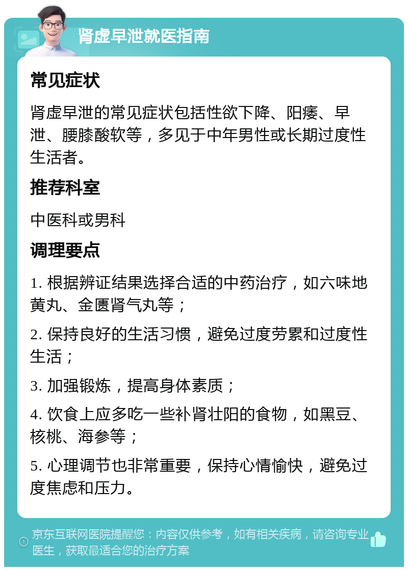 肾虚早泄就医指南 常见症状 肾虚早泄的常见症状包括性欲下降、阳痿、早泄、腰膝酸软等，多见于中年男性或长期过度性生活者。 推荐科室 中医科或男科 调理要点 1. 根据辨证结果选择合适的中药治疗，如六味地黄丸、金匮肾气丸等； 2. 保持良好的生活习惯，避免过度劳累和过度性生活； 3. 加强锻炼，提高身体素质； 4. 饮食上应多吃一些补肾壮阳的食物，如黑豆、核桃、海参等； 5. 心理调节也非常重要，保持心情愉快，避免过度焦虑和压力。