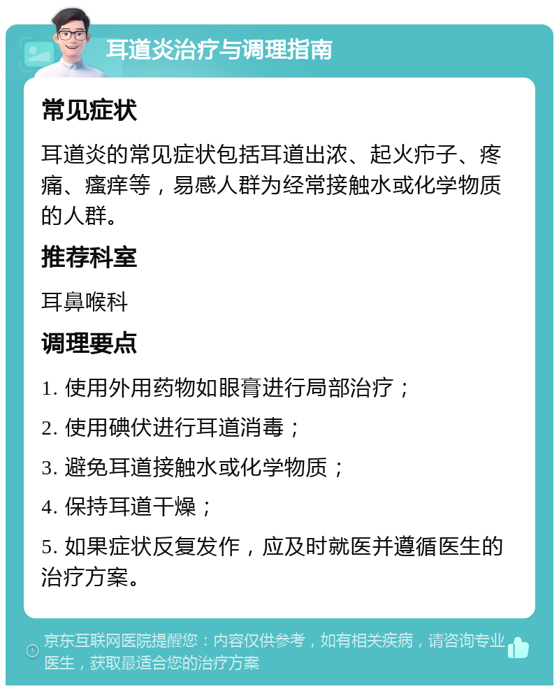 耳道炎治疗与调理指南 常见症状 耳道炎的常见症状包括耳道出浓、起火疖子、疼痛、瘙痒等，易感人群为经常接触水或化学物质的人群。 推荐科室 耳鼻喉科 调理要点 1. 使用外用药物如眼膏进行局部治疗； 2. 使用碘伏进行耳道消毒； 3. 避免耳道接触水或化学物质； 4. 保持耳道干燥； 5. 如果症状反复发作，应及时就医并遵循医生的治疗方案。