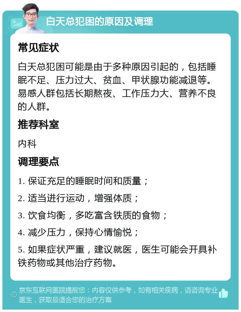 白天总犯困的原因及调理 常见症状 白天总犯困可能是由于多种原因引起的，包括睡眠不足、压力过大、贫血、甲状腺功能减退等。易感人群包括长期熬夜、工作压力大、营养不良的人群。 推荐科室 内科 调理要点 1. 保证充足的睡眠时间和质量； 2. 适当进行运动，增强体质； 3. 饮食均衡，多吃富含铁质的食物； 4. 减少压力，保持心情愉悦； 5. 如果症状严重，建议就医，医生可能会开具补铁药物或其他治疗药物。