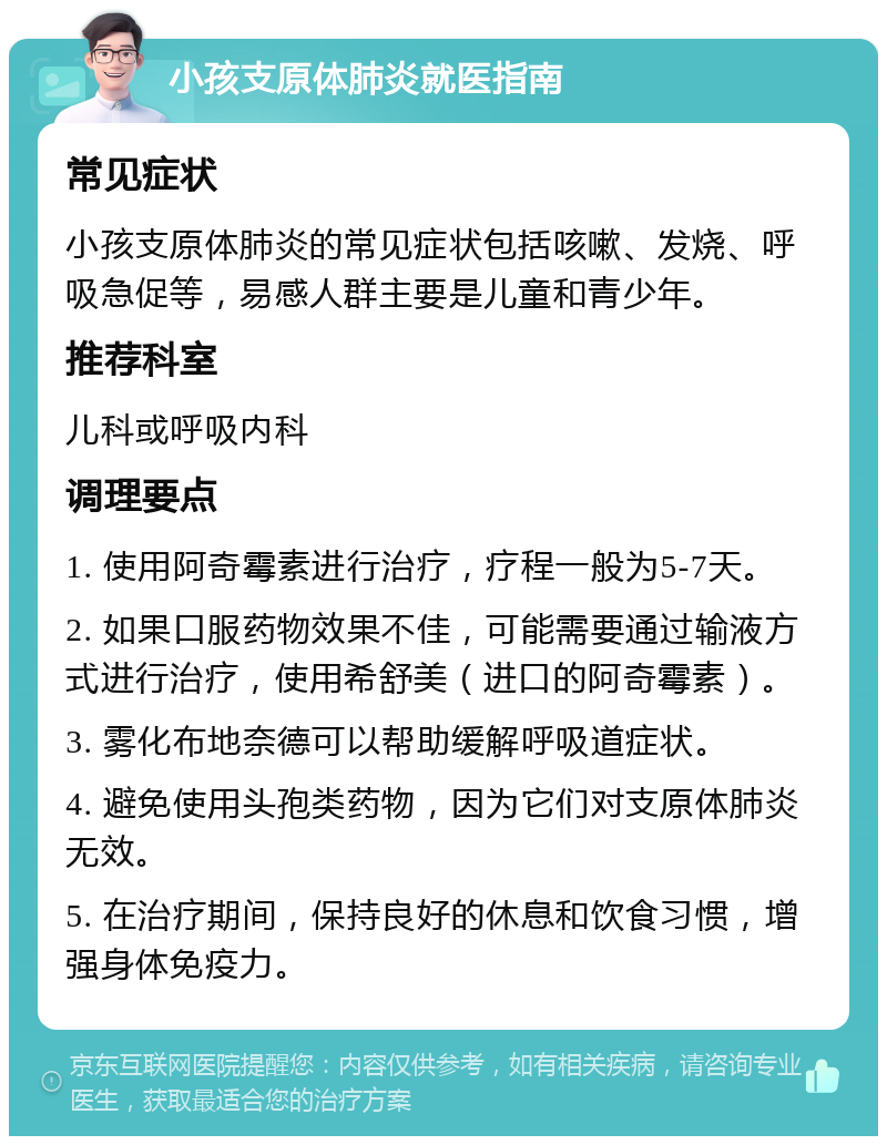 小孩支原体肺炎就医指南 常见症状 小孩支原体肺炎的常见症状包括咳嗽、发烧、呼吸急促等，易感人群主要是儿童和青少年。 推荐科室 儿科或呼吸内科 调理要点 1. 使用阿奇霉素进行治疗，疗程一般为5-7天。 2. 如果口服药物效果不佳，可能需要通过输液方式进行治疗，使用希舒美（进口的阿奇霉素）。 3. 雾化布地奈德可以帮助缓解呼吸道症状。 4. 避免使用头孢类药物，因为它们对支原体肺炎无效。 5. 在治疗期间，保持良好的休息和饮食习惯，增强身体免疫力。