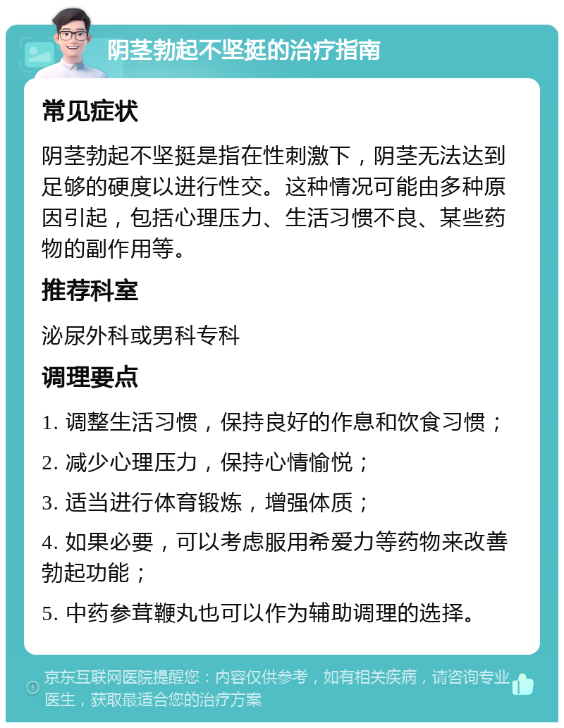 阴茎勃起不坚挺的治疗指南 常见症状 阴茎勃起不坚挺是指在性刺激下，阴茎无法达到足够的硬度以进行性交。这种情况可能由多种原因引起，包括心理压力、生活习惯不良、某些药物的副作用等。 推荐科室 泌尿外科或男科专科 调理要点 1. 调整生活习惯，保持良好的作息和饮食习惯； 2. 减少心理压力，保持心情愉悦； 3. 适当进行体育锻炼，增强体质； 4. 如果必要，可以考虑服用希爱力等药物来改善勃起功能； 5. 中药参茸鞭丸也可以作为辅助调理的选择。