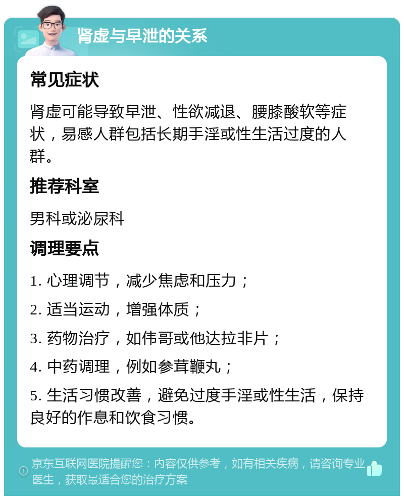 肾虚与早泄的关系 常见症状 肾虚可能导致早泄、性欲减退、腰膝酸软等症状，易感人群包括长期手淫或性生活过度的人群。 推荐科室 男科或泌尿科 调理要点 1. 心理调节，减少焦虑和压力； 2. 适当运动，增强体质； 3. 药物治疗，如伟哥或他达拉非片； 4. 中药调理，例如参茸鞭丸； 5. 生活习惯改善，避免过度手淫或性生活，保持良好的作息和饮食习惯。