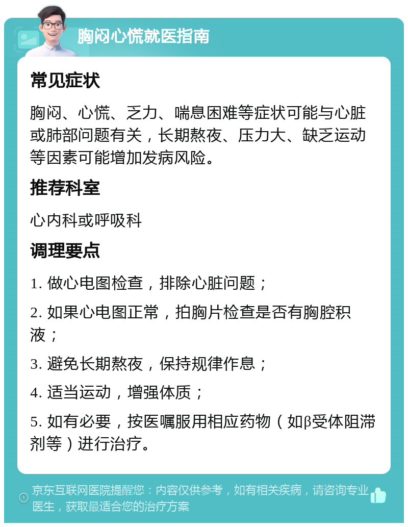 胸闷心慌就医指南 常见症状 胸闷、心慌、乏力、喘息困难等症状可能与心脏或肺部问题有关，长期熬夜、压力大、缺乏运动等因素可能增加发病风险。 推荐科室 心内科或呼吸科 调理要点 1. 做心电图检查，排除心脏问题； 2. 如果心电图正常，拍胸片检查是否有胸腔积液； 3. 避免长期熬夜，保持规律作息； 4. 适当运动，增强体质； 5. 如有必要，按医嘱服用相应药物（如β受体阻滞剂等）进行治疗。