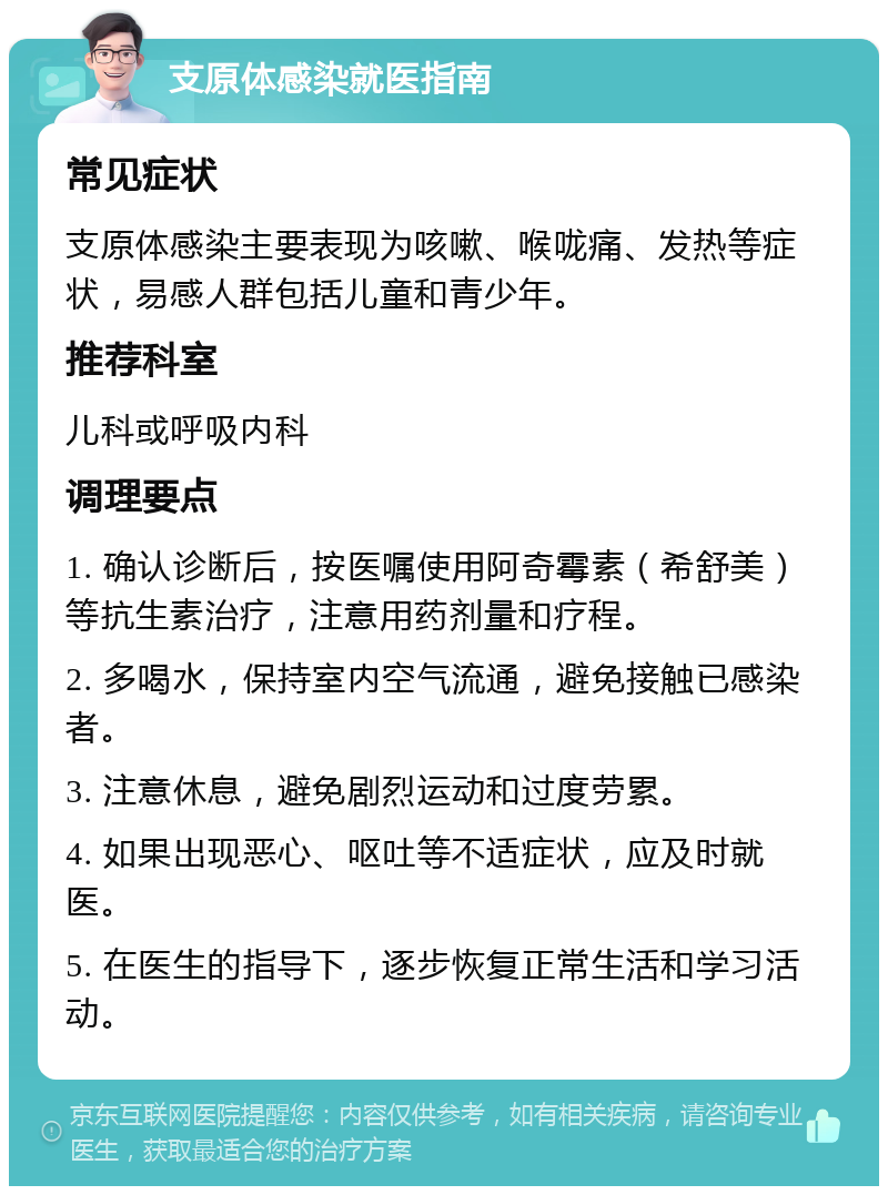 支原体感染就医指南 常见症状 支原体感染主要表现为咳嗽、喉咙痛、发热等症状，易感人群包括儿童和青少年。 推荐科室 儿科或呼吸内科 调理要点 1. 确认诊断后，按医嘱使用阿奇霉素（希舒美）等抗生素治疗，注意用药剂量和疗程。 2. 多喝水，保持室内空气流通，避免接触已感染者。 3. 注意休息，避免剧烈运动和过度劳累。 4. 如果出现恶心、呕吐等不适症状，应及时就医。 5. 在医生的指导下，逐步恢复正常生活和学习活动。