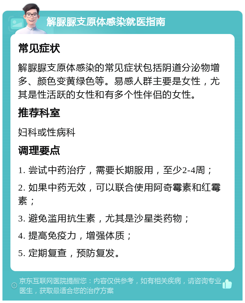 解脲脲支原体感染就医指南 常见症状 解脲脲支原体感染的常见症状包括阴道分泌物增多、颜色变黄绿色等。易感人群主要是女性，尤其是性活跃的女性和有多个性伴侣的女性。 推荐科室 妇科或性病科 调理要点 1. 尝试中药治疗，需要长期服用，至少2-4周； 2. 如果中药无效，可以联合使用阿奇霉素和红霉素； 3. 避免滥用抗生素，尤其是沙星类药物； 4. 提高免疫力，增强体质； 5. 定期复查，预防复发。