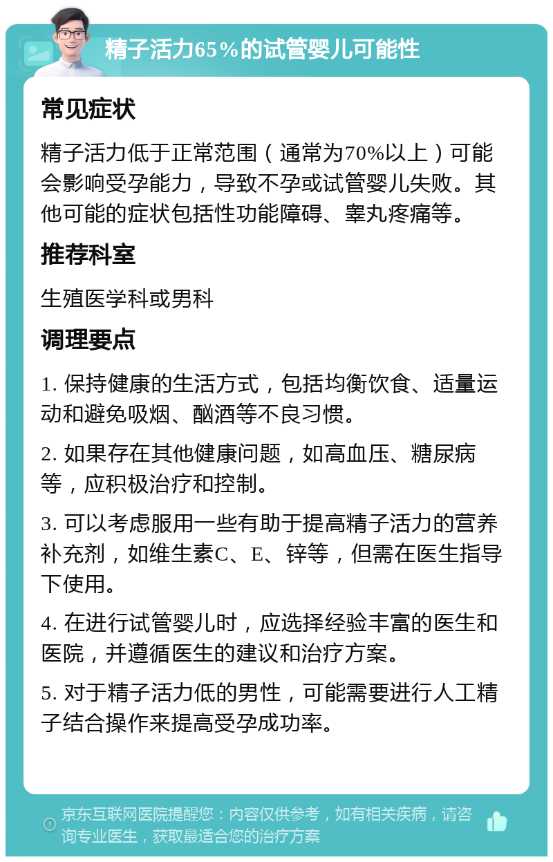 精子活力65%的试管婴儿可能性 常见症状 精子活力低于正常范围（通常为70%以上）可能会影响受孕能力，导致不孕或试管婴儿失败。其他可能的症状包括性功能障碍、睾丸疼痛等。 推荐科室 生殖医学科或男科 调理要点 1. 保持健康的生活方式，包括均衡饮食、适量运动和避免吸烟、酗酒等不良习惯。 2. 如果存在其他健康问题，如高血压、糖尿病等，应积极治疗和控制。 3. 可以考虑服用一些有助于提高精子活力的营养补充剂，如维生素C、E、锌等，但需在医生指导下使用。 4. 在进行试管婴儿时，应选择经验丰富的医生和医院，并遵循医生的建议和治疗方案。 5. 对于精子活力低的男性，可能需要进行人工精子结合操作来提高受孕成功率。