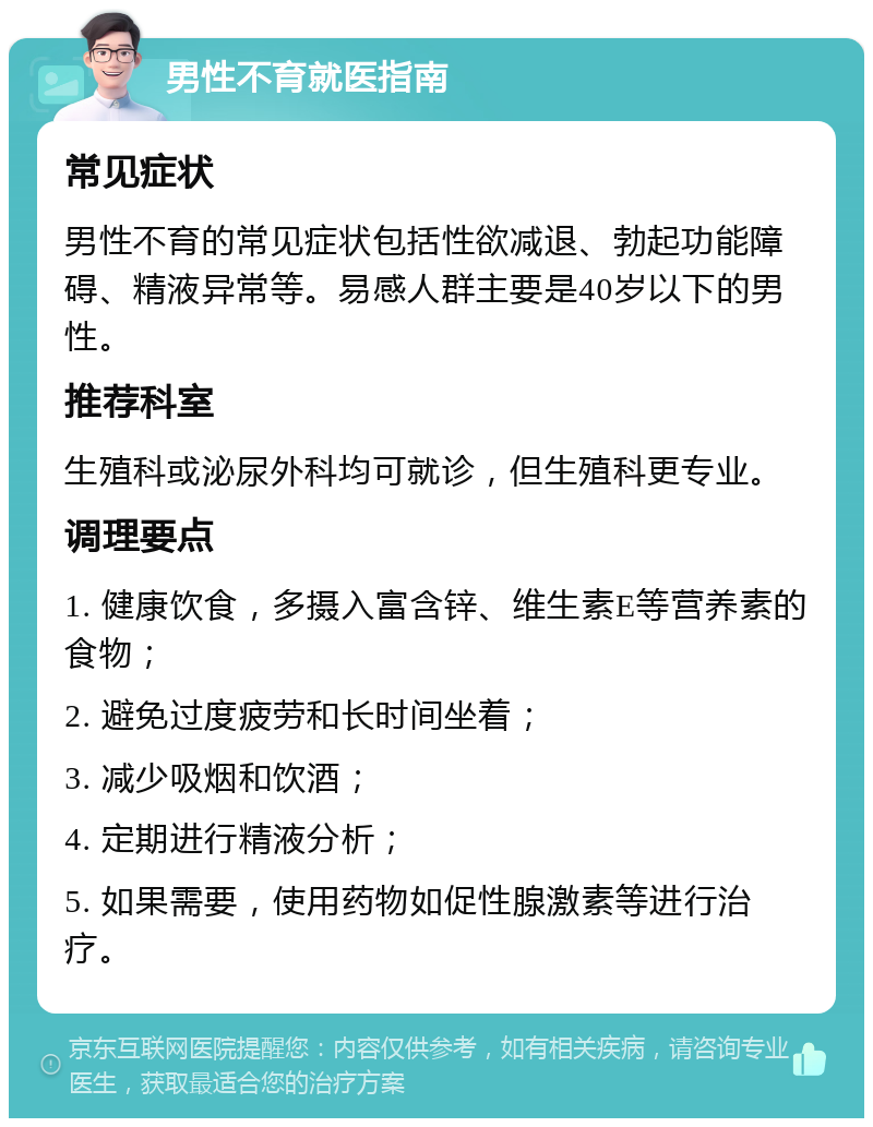 男性不育就医指南 常见症状 男性不育的常见症状包括性欲减退、勃起功能障碍、精液异常等。易感人群主要是40岁以下的男性。 推荐科室 生殖科或泌尿外科均可就诊，但生殖科更专业。 调理要点 1. 健康饮食，多摄入富含锌、维生素E等营养素的食物； 2. 避免过度疲劳和长时间坐着； 3. 减少吸烟和饮酒； 4. 定期进行精液分析； 5. 如果需要，使用药物如促性腺激素等进行治疗。