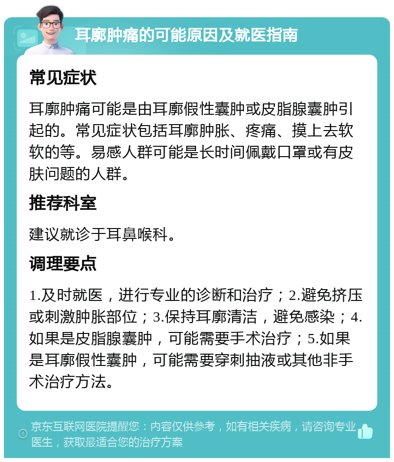 耳廓肿痛的可能原因及就医指南 常见症状 耳廓肿痛可能是由耳廓假性囊肿或皮脂腺囊肿引起的。常见症状包括耳廓肿胀、疼痛、摸上去软软的等。易感人群可能是长时间佩戴口罩或有皮肤问题的人群。 推荐科室 建议就诊于耳鼻喉科。 调理要点 1.及时就医，进行专业的诊断和治疗；2.避免挤压或刺激肿胀部位；3.保持耳廓清洁，避免感染；4.如果是皮脂腺囊肿，可能需要手术治疗；5.如果是耳廓假性囊肿，可能需要穿刺抽液或其他非手术治疗方法。