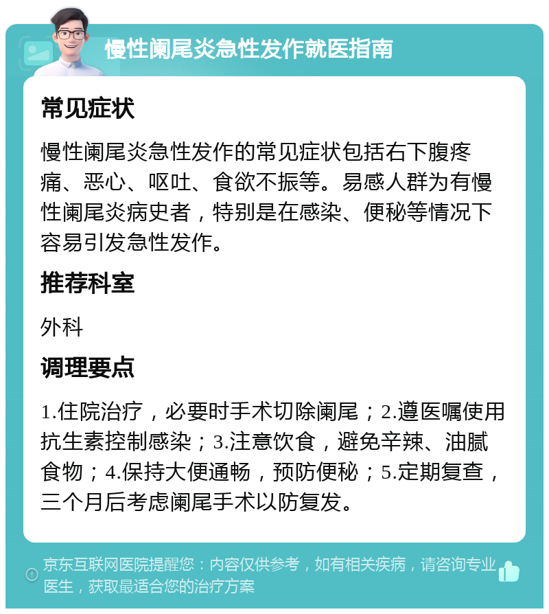 慢性阑尾炎急性发作就医指南 常见症状 慢性阑尾炎急性发作的常见症状包括右下腹疼痛、恶心、呕吐、食欲不振等。易感人群为有慢性阑尾炎病史者，特别是在感染、便秘等情况下容易引发急性发作。 推荐科室 外科 调理要点 1.住院治疗，必要时手术切除阑尾；2.遵医嘱使用抗生素控制感染；3.注意饮食，避免辛辣、油腻食物；4.保持大便通畅，预防便秘；5.定期复查，三个月后考虑阑尾手术以防复发。