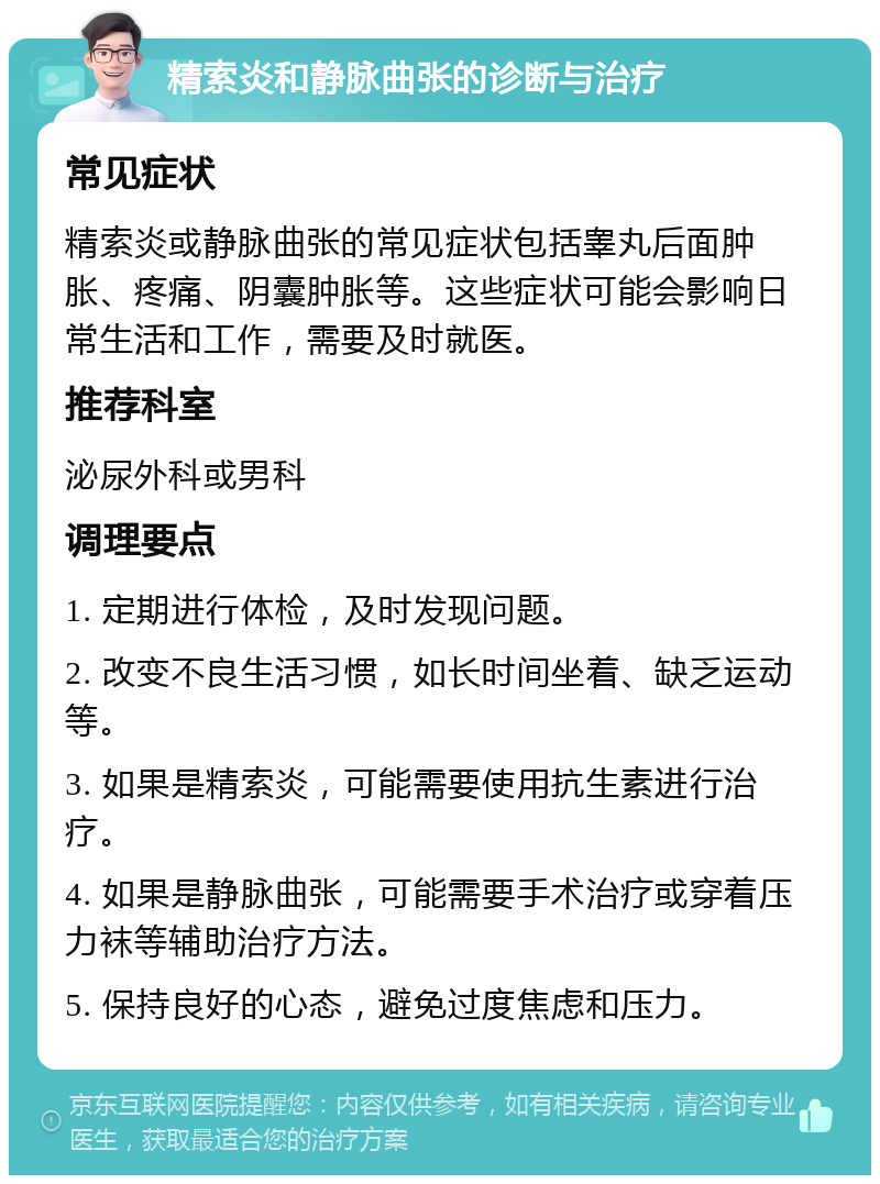 精索炎和静脉曲张的诊断与治疗 常见症状 精索炎或静脉曲张的常见症状包括睾丸后面肿胀、疼痛、阴囊肿胀等。这些症状可能会影响日常生活和工作，需要及时就医。 推荐科室 泌尿外科或男科 调理要点 1. 定期进行体检，及时发现问题。 2. 改变不良生活习惯，如长时间坐着、缺乏运动等。 3. 如果是精索炎，可能需要使用抗生素进行治疗。 4. 如果是静脉曲张，可能需要手术治疗或穿着压力袜等辅助治疗方法。 5. 保持良好的心态，避免过度焦虑和压力。