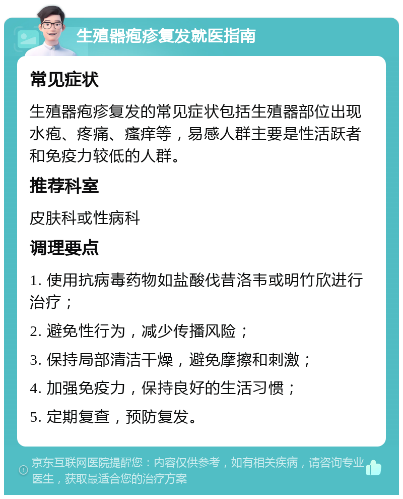 生殖器疱疹复发就医指南 常见症状 生殖器疱疹复发的常见症状包括生殖器部位出现水疱、疼痛、瘙痒等，易感人群主要是性活跃者和免疫力较低的人群。 推荐科室 皮肤科或性病科 调理要点 1. 使用抗病毒药物如盐酸伐昔洛韦或明竹欣进行治疗； 2. 避免性行为，减少传播风险； 3. 保持局部清洁干燥，避免摩擦和刺激； 4. 加强免疫力，保持良好的生活习惯； 5. 定期复查，预防复发。