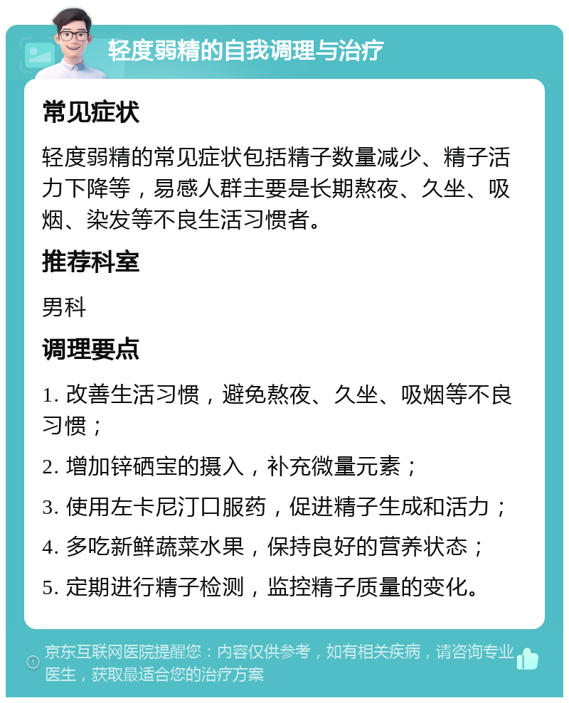 轻度弱精的自我调理与治疗 常见症状 轻度弱精的常见症状包括精子数量减少、精子活力下降等，易感人群主要是长期熬夜、久坐、吸烟、染发等不良生活习惯者。 推荐科室 男科 调理要点 1. 改善生活习惯，避免熬夜、久坐、吸烟等不良习惯； 2. 增加锌硒宝的摄入，补充微量元素； 3. 使用左卡尼汀口服药，促进精子生成和活力； 4. 多吃新鲜蔬菜水果，保持良好的营养状态； 5. 定期进行精子检测，监控精子质量的变化。