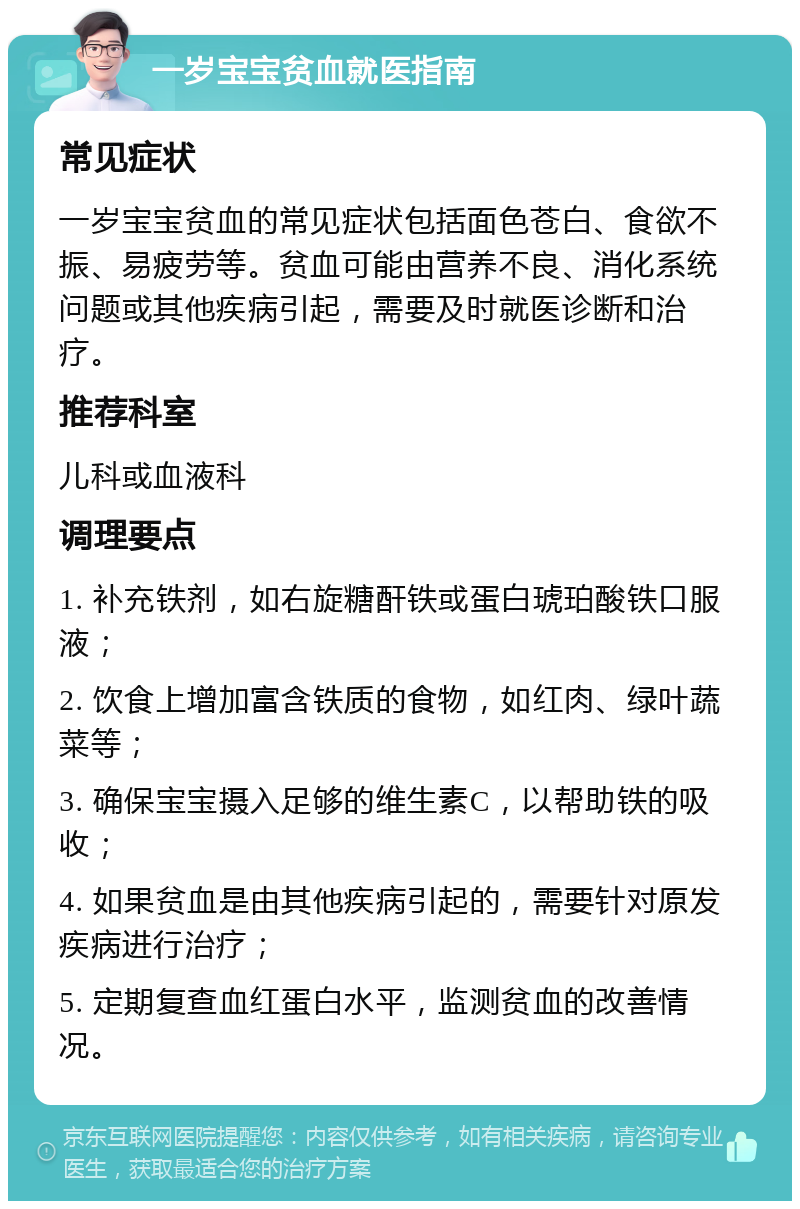 一岁宝宝贫血就医指南 常见症状 一岁宝宝贫血的常见症状包括面色苍白、食欲不振、易疲劳等。贫血可能由营养不良、消化系统问题或其他疾病引起，需要及时就医诊断和治疗。 推荐科室 儿科或血液科 调理要点 1. 补充铁剂，如右旋糖酐铁或蛋白琥珀酸铁口服液； 2. 饮食上增加富含铁质的食物，如红肉、绿叶蔬菜等； 3. 确保宝宝摄入足够的维生素C，以帮助铁的吸收； 4. 如果贫血是由其他疾病引起的，需要针对原发疾病进行治疗； 5. 定期复查血红蛋白水平，监测贫血的改善情况。