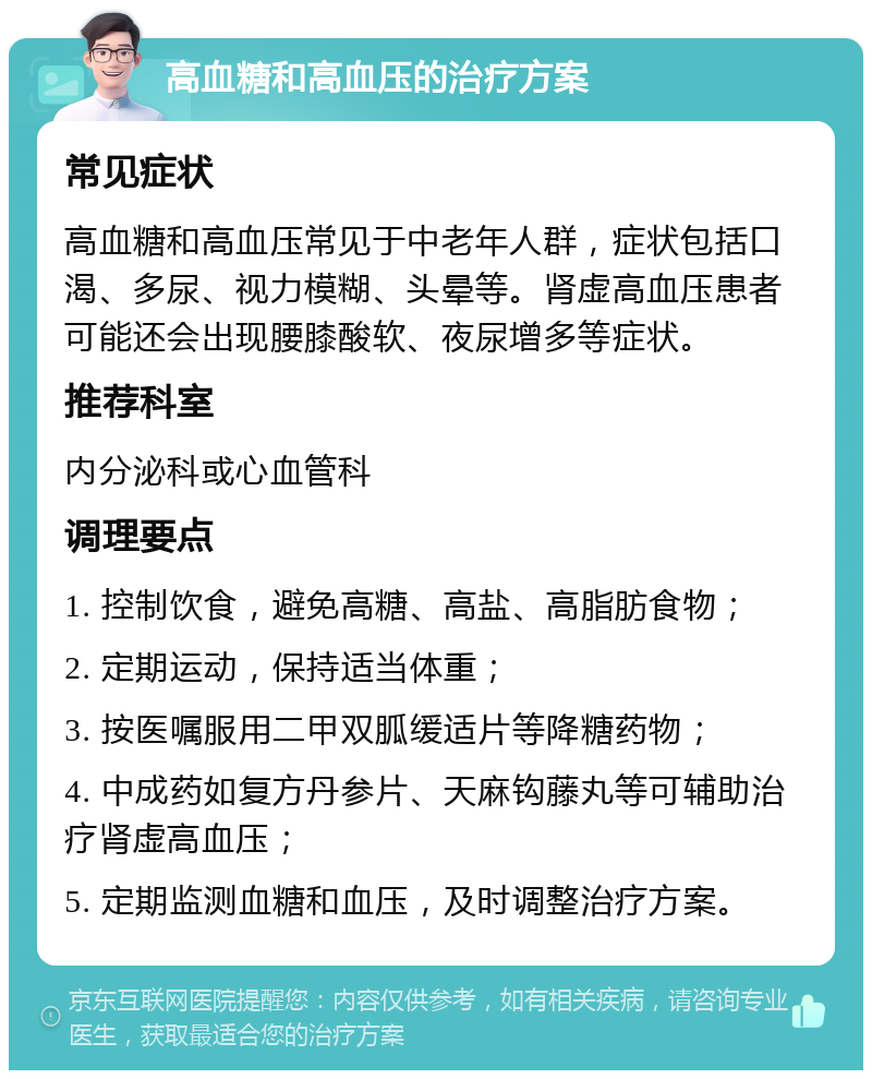 高血糖和高血压的治疗方案 常见症状 高血糖和高血压常见于中老年人群，症状包括口渴、多尿、视力模糊、头晕等。肾虚高血压患者可能还会出现腰膝酸软、夜尿增多等症状。 推荐科室 内分泌科或心血管科 调理要点 1. 控制饮食，避免高糖、高盐、高脂肪食物； 2. 定期运动，保持适当体重； 3. 按医嘱服用二甲双胍缓适片等降糖药物； 4. 中成药如复方丹参片、天麻钩藤丸等可辅助治疗肾虚高血压； 5. 定期监测血糖和血压，及时调整治疗方案。