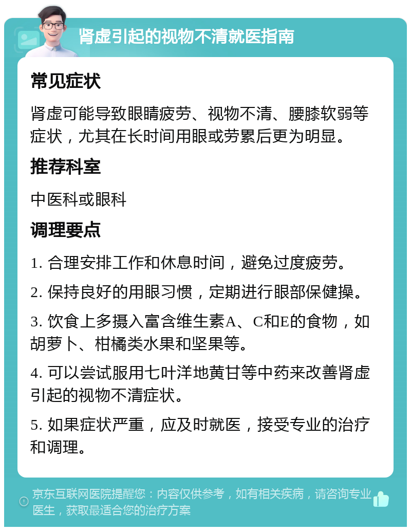 肾虚引起的视物不清就医指南 常见症状 肾虚可能导致眼睛疲劳、视物不清、腰膝软弱等症状，尤其在长时间用眼或劳累后更为明显。 推荐科室 中医科或眼科 调理要点 1. 合理安排工作和休息时间，避免过度疲劳。 2. 保持良好的用眼习惯，定期进行眼部保健操。 3. 饮食上多摄入富含维生素A、C和E的食物，如胡萝卜、柑橘类水果和坚果等。 4. 可以尝试服用七叶洋地黄甘等中药来改善肾虚引起的视物不清症状。 5. 如果症状严重，应及时就医，接受专业的治疗和调理。