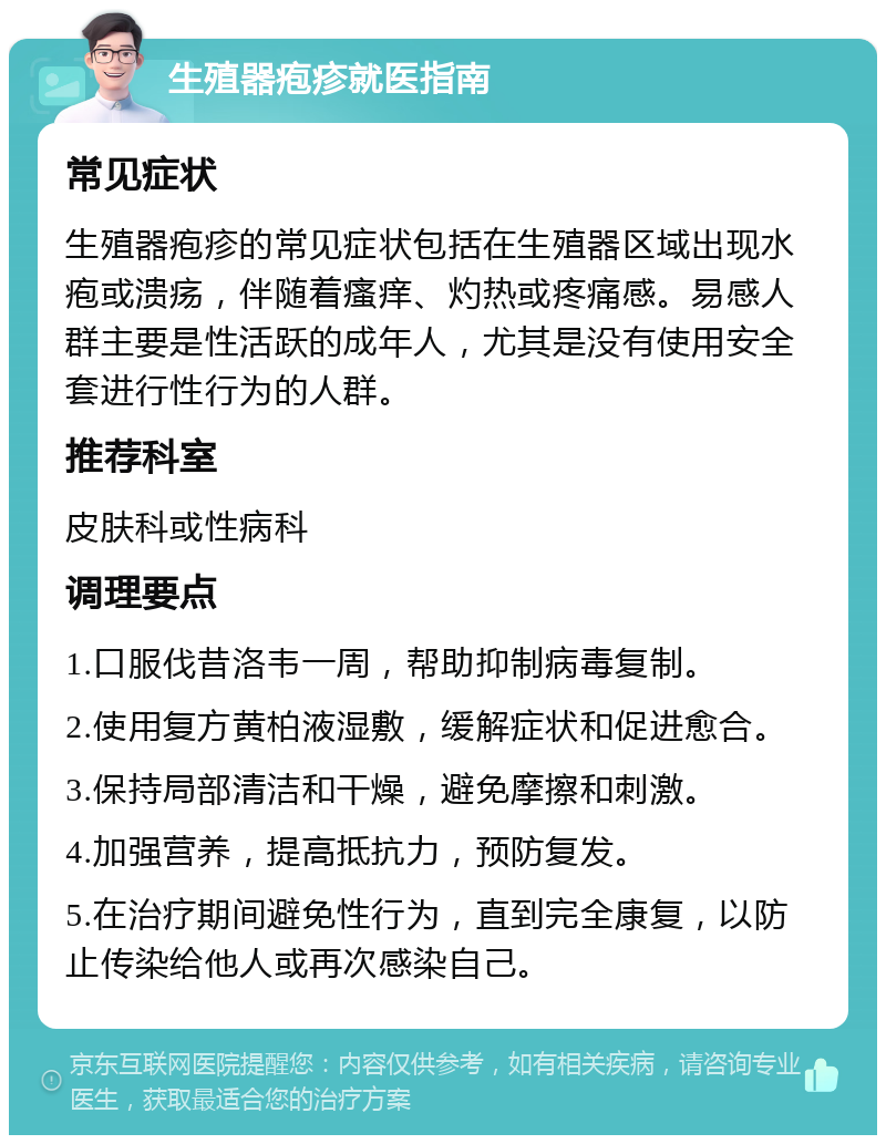 生殖器疱疹就医指南 常见症状 生殖器疱疹的常见症状包括在生殖器区域出现水疱或溃疡，伴随着瘙痒、灼热或疼痛感。易感人群主要是性活跃的成年人，尤其是没有使用安全套进行性行为的人群。 推荐科室 皮肤科或性病科 调理要点 1.口服伐昔洛韦一周，帮助抑制病毒复制。 2.使用复方黄柏液湿敷，缓解症状和促进愈合。 3.保持局部清洁和干燥，避免摩擦和刺激。 4.加强营养，提高抵抗力，预防复发。 5.在治疗期间避免性行为，直到完全康复，以防止传染给他人或再次感染自己。