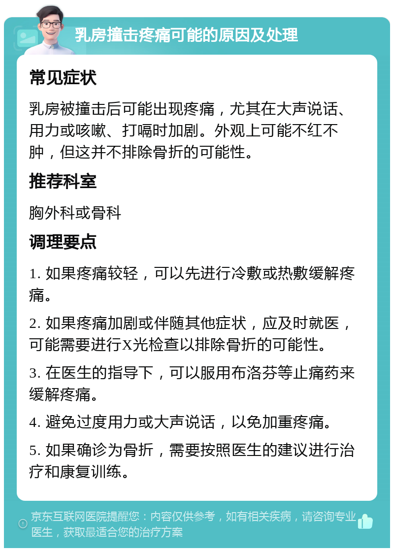 乳房撞击疼痛可能的原因及处理 常见症状 乳房被撞击后可能出现疼痛，尤其在大声说话、用力或咳嗽、打嗝时加剧。外观上可能不红不肿，但这并不排除骨折的可能性。 推荐科室 胸外科或骨科 调理要点 1. 如果疼痛较轻，可以先进行冷敷或热敷缓解疼痛。 2. 如果疼痛加剧或伴随其他症状，应及时就医，可能需要进行X光检查以排除骨折的可能性。 3. 在医生的指导下，可以服用布洛芬等止痛药来缓解疼痛。 4. 避免过度用力或大声说话，以免加重疼痛。 5. 如果确诊为骨折，需要按照医生的建议进行治疗和康复训练。