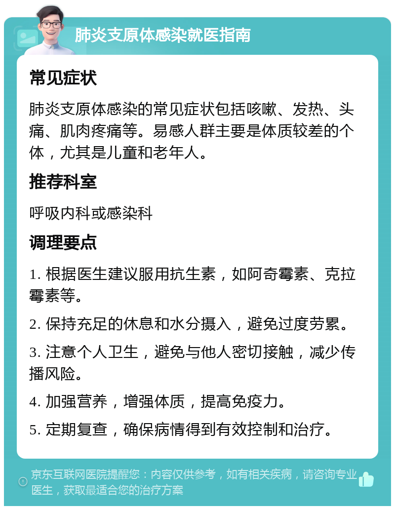 肺炎支原体感染就医指南 常见症状 肺炎支原体感染的常见症状包括咳嗽、发热、头痛、肌肉疼痛等。易感人群主要是体质较差的个体，尤其是儿童和老年人。 推荐科室 呼吸内科或感染科 调理要点 1. 根据医生建议服用抗生素，如阿奇霉素、克拉霉素等。 2. 保持充足的休息和水分摄入，避免过度劳累。 3. 注意个人卫生，避免与他人密切接触，减少传播风险。 4. 加强营养，增强体质，提高免疫力。 5. 定期复查，确保病情得到有效控制和治疗。