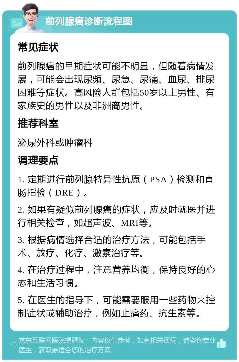 前列腺癌诊断流程图 常见症状 前列腺癌的早期症状可能不明显，但随着病情发展，可能会出现尿频、尿急、尿痛、血尿、排尿困难等症状。高风险人群包括50岁以上男性、有家族史的男性以及非洲裔男性。 推荐科室 泌尿外科或肿瘤科 调理要点 1. 定期进行前列腺特异性抗原（PSA）检测和直肠指检（DRE）。 2. 如果有疑似前列腺癌的症状，应及时就医并进行相关检查，如超声波、MRI等。 3. 根据病情选择合适的治疗方法，可能包括手术、放疗、化疗、激素治疗等。 4. 在治疗过程中，注意营养均衡，保持良好的心态和生活习惯。 5. 在医生的指导下，可能需要服用一些药物来控制症状或辅助治疗，例如止痛药、抗生素等。