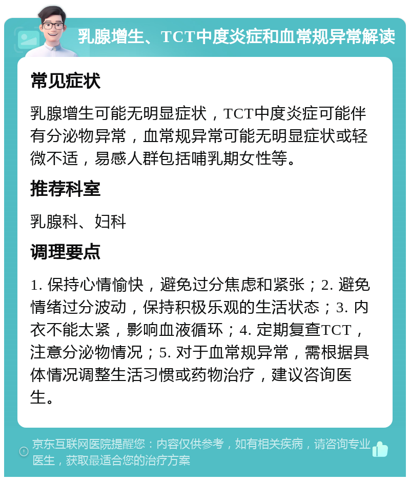 乳腺增生、TCT中度炎症和血常规异常解读 常见症状 乳腺增生可能无明显症状，TCT中度炎症可能伴有分泌物异常，血常规异常可能无明显症状或轻微不适，易感人群包括哺乳期女性等。 推荐科室 乳腺科、妇科 调理要点 1. 保持心情愉快，避免过分焦虑和紧张；2. 避免情绪过分波动，保持积极乐观的生活状态；3. 内衣不能太紧，影响血液循环；4. 定期复查TCT，注意分泌物情况；5. 对于血常规异常，需根据具体情况调整生活习惯或药物治疗，建议咨询医生。