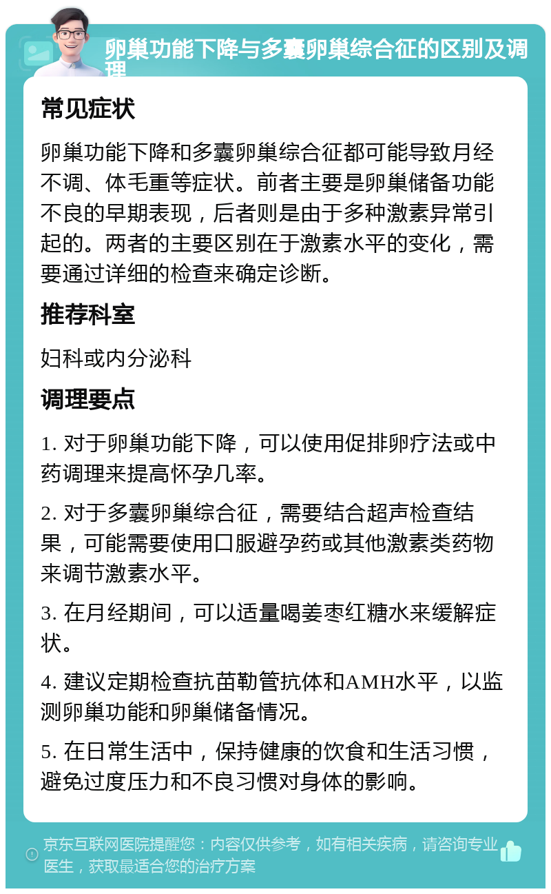 卵巢功能下降与多囊卵巢综合征的区别及调理 常见症状 卵巢功能下降和多囊卵巢综合征都可能导致月经不调、体毛重等症状。前者主要是卵巢储备功能不良的早期表现，后者则是由于多种激素异常引起的。两者的主要区别在于激素水平的变化，需要通过详细的检查来确定诊断。 推荐科室 妇科或内分泌科 调理要点 1. 对于卵巢功能下降，可以使用促排卵疗法或中药调理来提高怀孕几率。 2. 对于多囊卵巢综合征，需要结合超声检查结果，可能需要使用口服避孕药或其他激素类药物来调节激素水平。 3. 在月经期间，可以适量喝姜枣红糖水来缓解症状。 4. 建议定期检查抗苗勒管抗体和AMH水平，以监测卵巢功能和卵巢储备情况。 5. 在日常生活中，保持健康的饮食和生活习惯，避免过度压力和不良习惯对身体的影响。