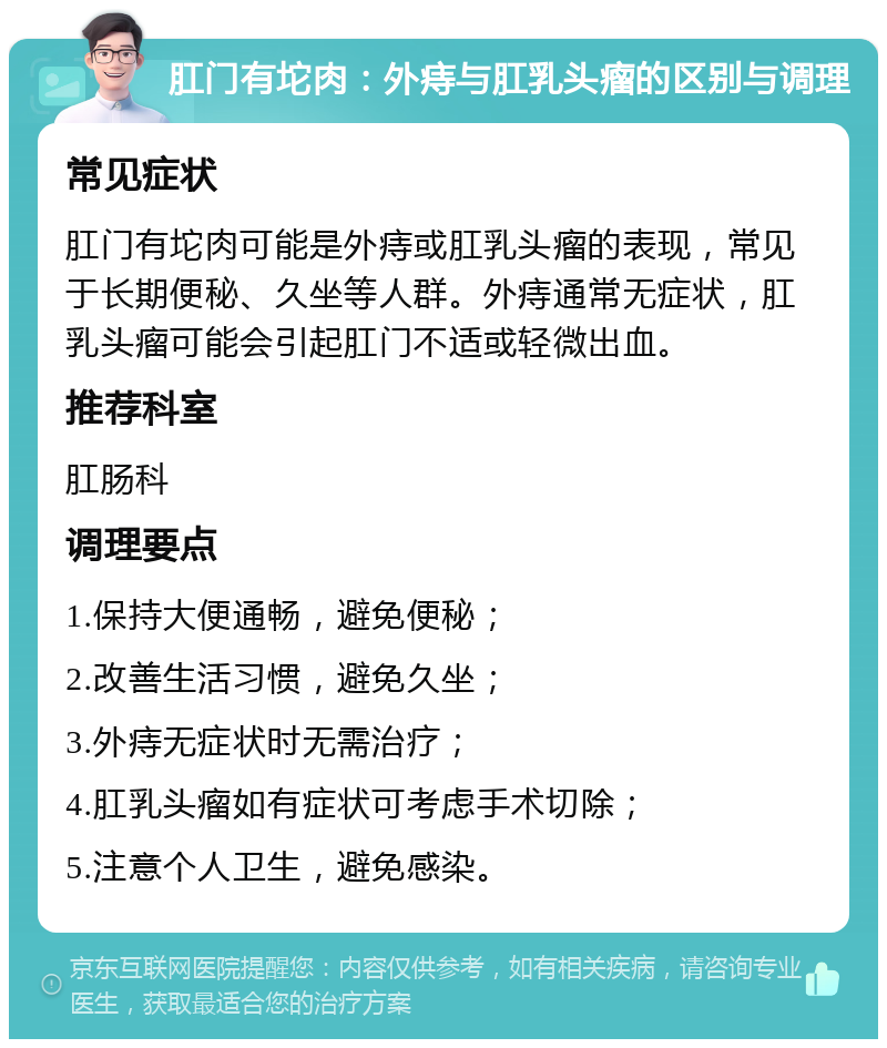 肛门有坨肉：外痔与肛乳头瘤的区别与调理 常见症状 肛门有坨肉可能是外痔或肛乳头瘤的表现，常见于长期便秘、久坐等人群。外痔通常无症状，肛乳头瘤可能会引起肛门不适或轻微出血。 推荐科室 肛肠科 调理要点 1.保持大便通畅，避免便秘； 2.改善生活习惯，避免久坐； 3.外痔无症状时无需治疗； 4.肛乳头瘤如有症状可考虑手术切除； 5.注意个人卫生，避免感染。