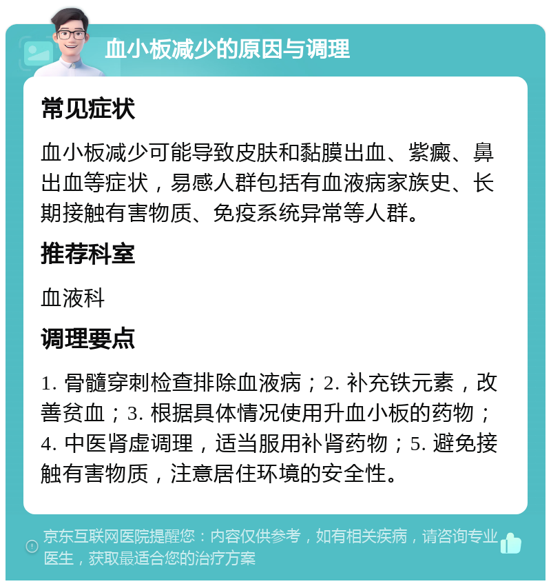 血小板减少的原因与调理 常见症状 血小板减少可能导致皮肤和黏膜出血、紫癜、鼻出血等症状，易感人群包括有血液病家族史、长期接触有害物质、免疫系统异常等人群。 推荐科室 血液科 调理要点 1. 骨髓穿刺检查排除血液病；2. 补充铁元素，改善贫血；3. 根据具体情况使用升血小板的药物；4. 中医肾虚调理，适当服用补肾药物；5. 避免接触有害物质，注意居住环境的安全性。