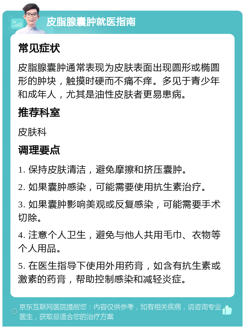 皮脂腺囊肿就医指南 常见症状 皮脂腺囊肿通常表现为皮肤表面出现圆形或椭圆形的肿块，触摸时硬而不痛不痒。多见于青少年和成年人，尤其是油性皮肤者更易患病。 推荐科室 皮肤科 调理要点 1. 保持皮肤清洁，避免摩擦和挤压囊肿。 2. 如果囊肿感染，可能需要使用抗生素治疗。 3. 如果囊肿影响美观或反复感染，可能需要手术切除。 4. 注意个人卫生，避免与他人共用毛巾、衣物等个人用品。 5. 在医生指导下使用外用药膏，如含有抗生素或激素的药膏，帮助控制感染和减轻炎症。