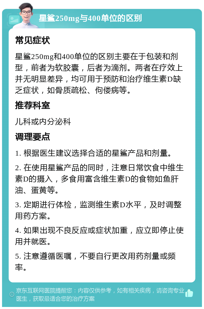 星鲨250mg与400单位的区别 常见症状 星鲨250mg和400单位的区别主要在于包装和剂型，前者为软胶囊，后者为滴剂。两者在疗效上并无明显差异，均可用于预防和治疗维生素D缺乏症状，如骨质疏松、佝偻病等。 推荐科室 儿科或内分泌科 调理要点 1. 根据医生建议选择合适的星鲨产品和剂量。 2. 在使用星鲨产品的同时，注意日常饮食中维生素D的摄入，多食用富含维生素D的食物如鱼肝油、蛋黄等。 3. 定期进行体检，监测维生素D水平，及时调整用药方案。 4. 如果出现不良反应或症状加重，应立即停止使用并就医。 5. 注意遵循医嘱，不要自行更改用药剂量或频率。