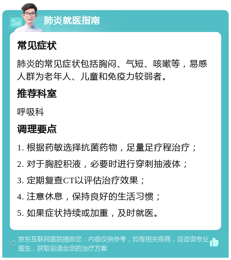 肺炎就医指南 常见症状 肺炎的常见症状包括胸闷、气短、咳嗽等，易感人群为老年人、儿童和免疫力较弱者。 推荐科室 呼吸科 调理要点 1. 根据药敏选择抗菌药物，足量足疗程治疗； 2. 对于胸腔积液，必要时进行穿刺抽液体； 3. 定期复查CT以评估治疗效果； 4. 注意休息，保持良好的生活习惯； 5. 如果症状持续或加重，及时就医。