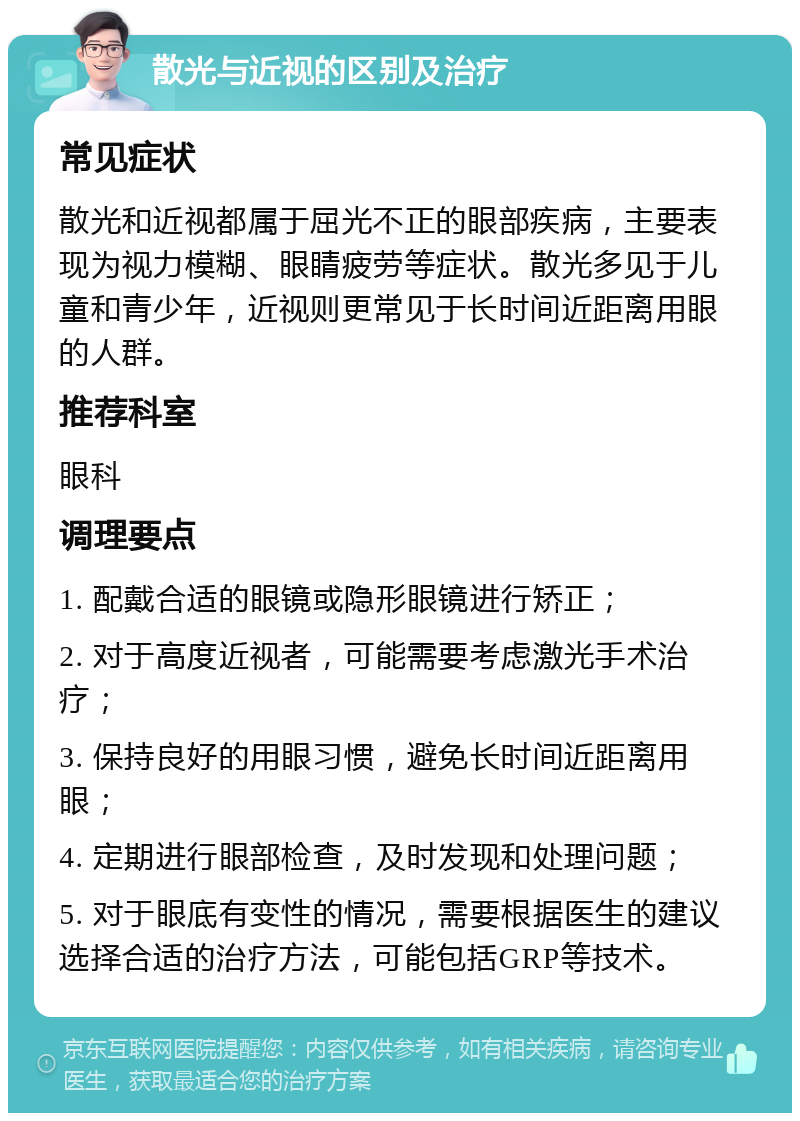 散光与近视的区别及治疗 常见症状 散光和近视都属于屈光不正的眼部疾病，主要表现为视力模糊、眼睛疲劳等症状。散光多见于儿童和青少年，近视则更常见于长时间近距离用眼的人群。 推荐科室 眼科 调理要点 1. 配戴合适的眼镜或隐形眼镜进行矫正； 2. 对于高度近视者，可能需要考虑激光手术治疗； 3. 保持良好的用眼习惯，避免长时间近距离用眼； 4. 定期进行眼部检查，及时发现和处理问题； 5. 对于眼底有变性的情况，需要根据医生的建议选择合适的治疗方法，可能包括GRP等技术。