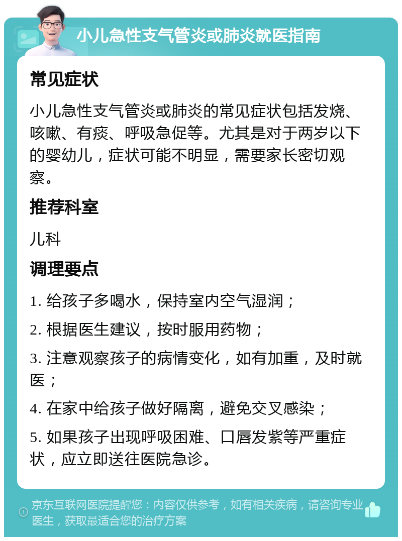 小儿急性支气管炎或肺炎就医指南 常见症状 小儿急性支气管炎或肺炎的常见症状包括发烧、咳嗽、有痰、呼吸急促等。尤其是对于两岁以下的婴幼儿，症状可能不明显，需要家长密切观察。 推荐科室 儿科 调理要点 1. 给孩子多喝水，保持室内空气湿润； 2. 根据医生建议，按时服用药物； 3. 注意观察孩子的病情变化，如有加重，及时就医； 4. 在家中给孩子做好隔离，避免交叉感染； 5. 如果孩子出现呼吸困难、口唇发紫等严重症状，应立即送往医院急诊。