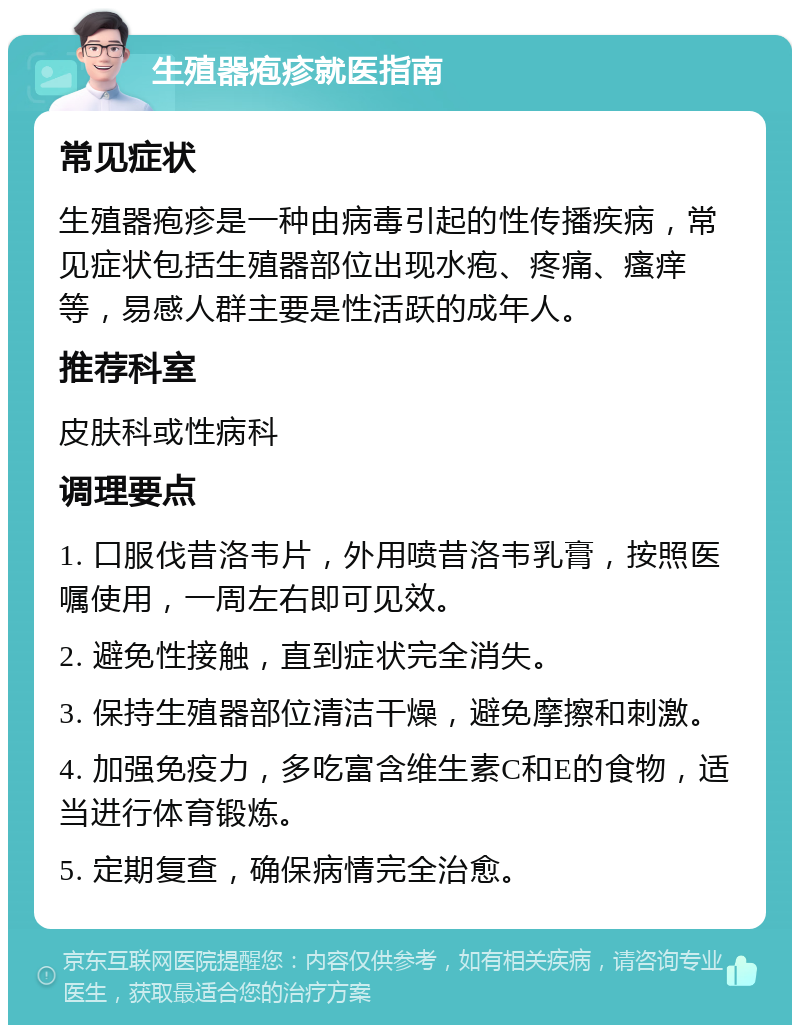 生殖器疱疹就医指南 常见症状 生殖器疱疹是一种由病毒引起的性传播疾病，常见症状包括生殖器部位出现水疱、疼痛、瘙痒等，易感人群主要是性活跃的成年人。 推荐科室 皮肤科或性病科 调理要点 1. 口服伐昔洛韦片，外用喷昔洛韦乳膏，按照医嘱使用，一周左右即可见效。 2. 避免性接触，直到症状完全消失。 3. 保持生殖器部位清洁干燥，避免摩擦和刺激。 4. 加强免疫力，多吃富含维生素C和E的食物，适当进行体育锻炼。 5. 定期复查，确保病情完全治愈。